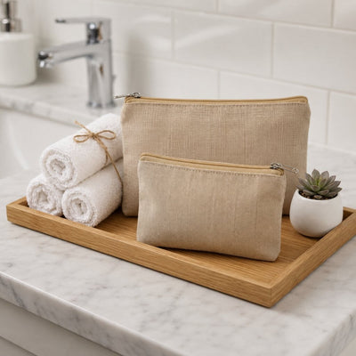 Two zippered burlap bags on a wooden tray with towels and a succulent - thumbnail number 5
