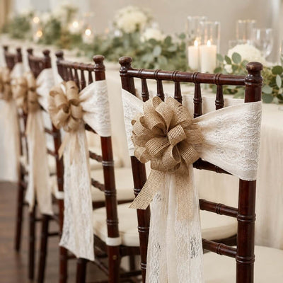Burlap pull bows and white lace sashes decorating dark wooden chairs at a wedding reception - thumbnail number 5