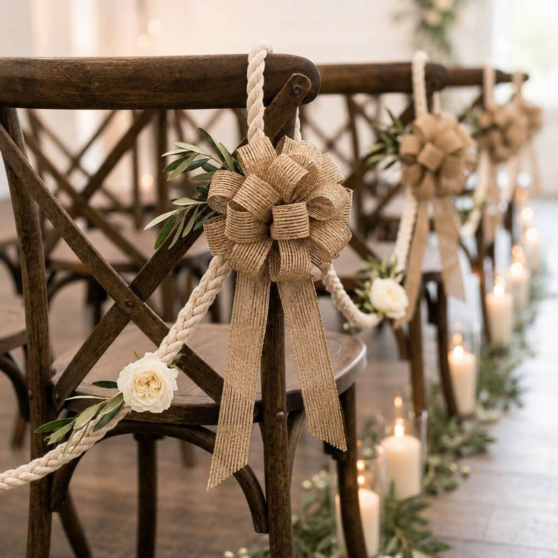 Rustic burlap pull bows on wooden chairs with rope, white roses, and greenery garlands - thumbnail number 6