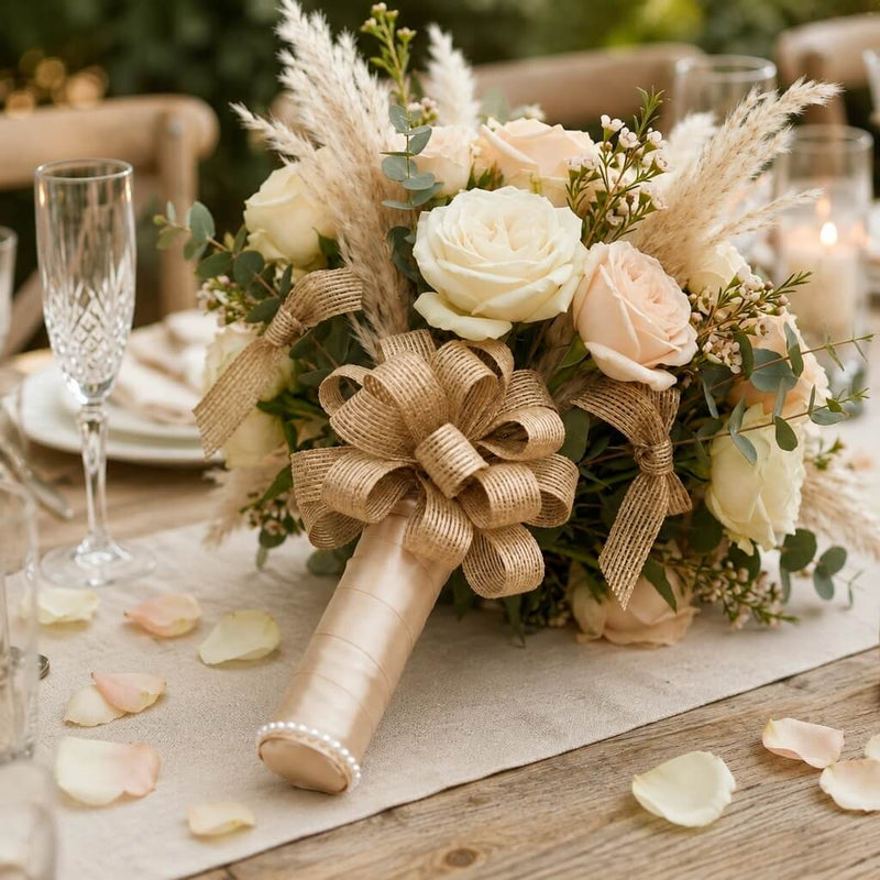 Bridal bouquet featuring roses, pampas grass, and a burlap pull bow - thumbnail number 7