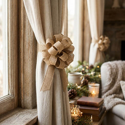 Natural burlap pull bow tying back a light-colored curtain near a window - thumbnail number 9