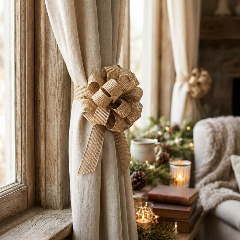 Natural burlap pull bow tying back a light-colored curtain near a window - thumbnail number 9