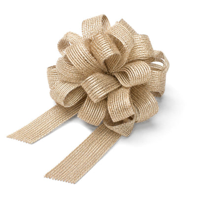 Gold burlap pull bow with looped ribbon and two tails on a white background - thumbnail number 2
