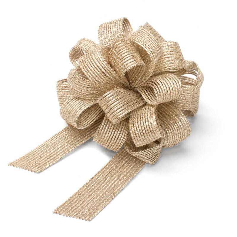 Gold burlap pull bow with looped ribbon and two tails on a white background - thumbnail number 2