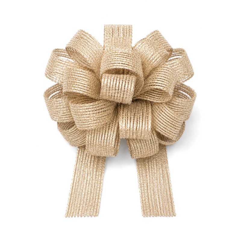 Gold burlap pull bow with multiple looped petals and two tails on a white background - thumbnail number 1