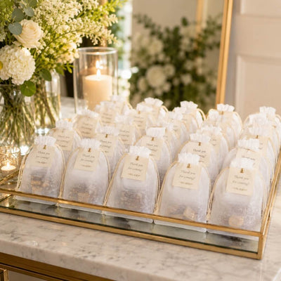 A gold tray displaying white 5x7in muslin favor bags with thank-you tags at a wedding reception - thumbnail number 3