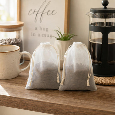 White 5x7in muslin favor bags filled with coffee beans, part of a 12-pack on a coffee station - thumbnail number 8