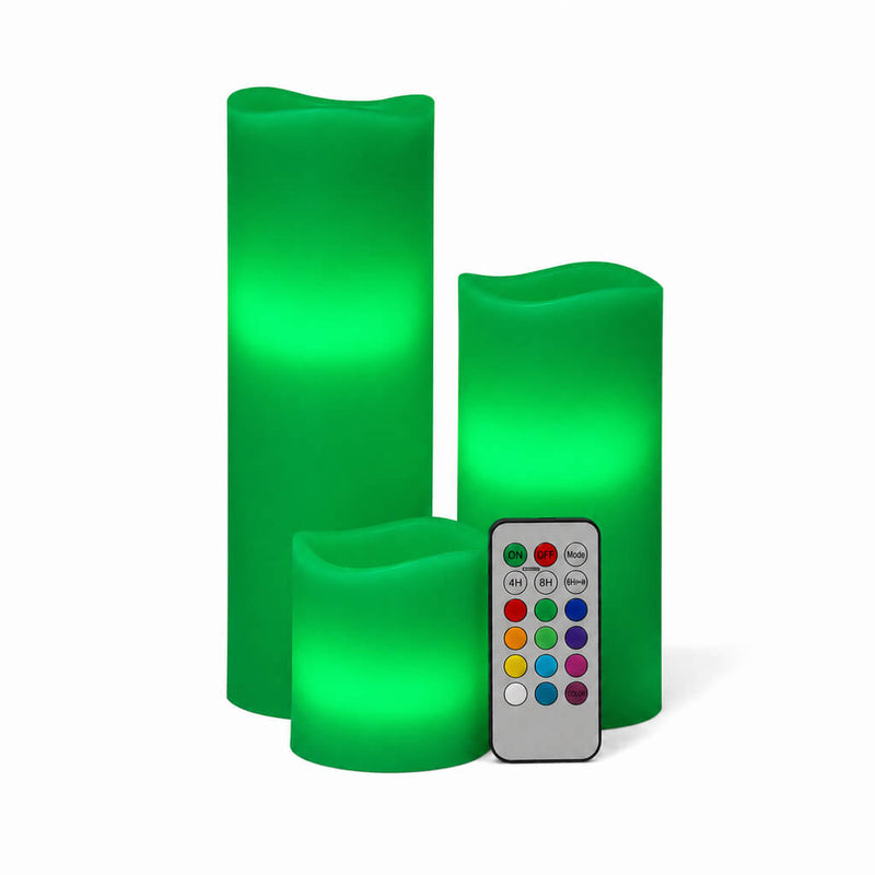 Green LED pillar candles in different sizes with remote on white background - thumbnail number 8