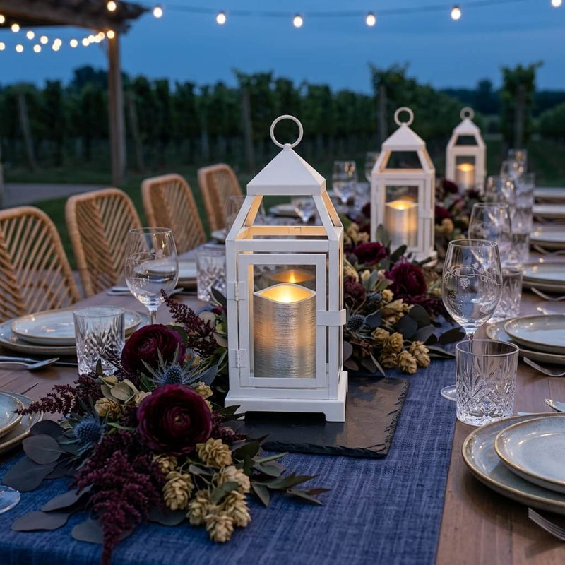 White lanterns with Silver Metallic Wavy Top LED Candle centerpiece decor - thumbnail number 4