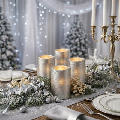 Silver Metallic Wavy Top LED Candle on elegant winter holiday tablescape - thumbnail number 5