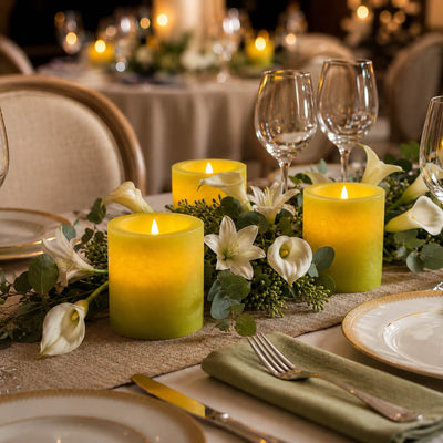 Elegant tablescape with green LED votive candles and white flowers - thumbnail number 3