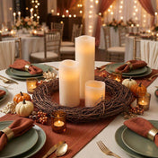 Natural grapevine wreath with LED candles and pumpkins as a centerpiece on a wedding table - thumbnail number 3
