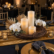 Natural grapevine wreath centered on a table with white orchids, gold palms, and LED candles - thumbnail number 4