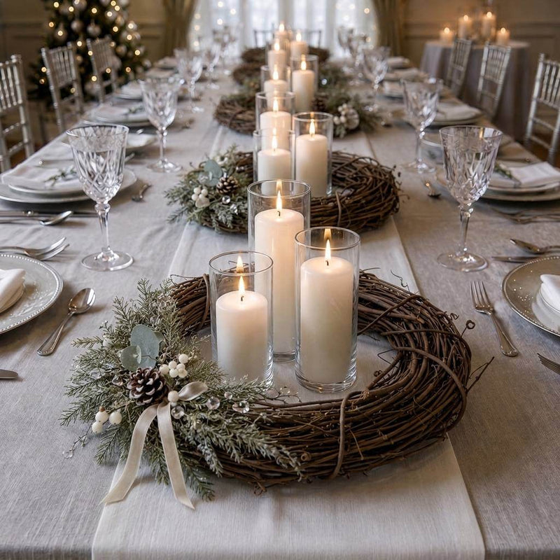 Natural grapevine wreath decorated with winter greens and candles as a holiday table centerpiece - thumbnail number 5