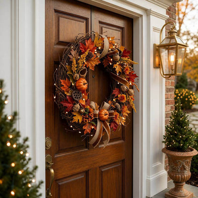 Natural grapevine wreath with autumn leaves and mini pumpkins hanging on a dark wood front door - thumbnail number 7