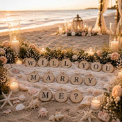 Birch Round Hanging Tags Natural spelling out Will You Marry Me on a sandy beach setup - thumbnail number 3