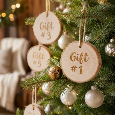 Birch Round Hanging Tags Natural used as numbered gift tags hanging on a Christmas tree - thumbnail number 6