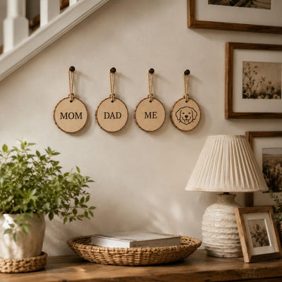 Birch Round Hanging Tags Natural hanging on a wall as family labels for Mom, Dad, Me, and a dog - thumbnail number 8