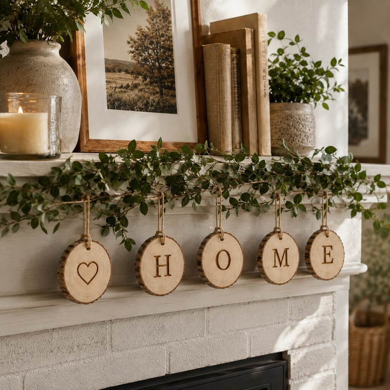 Birch Round Hanging Tags Natural spelling out home with a heart on a decorated mantelpiece - thumbnail number 9