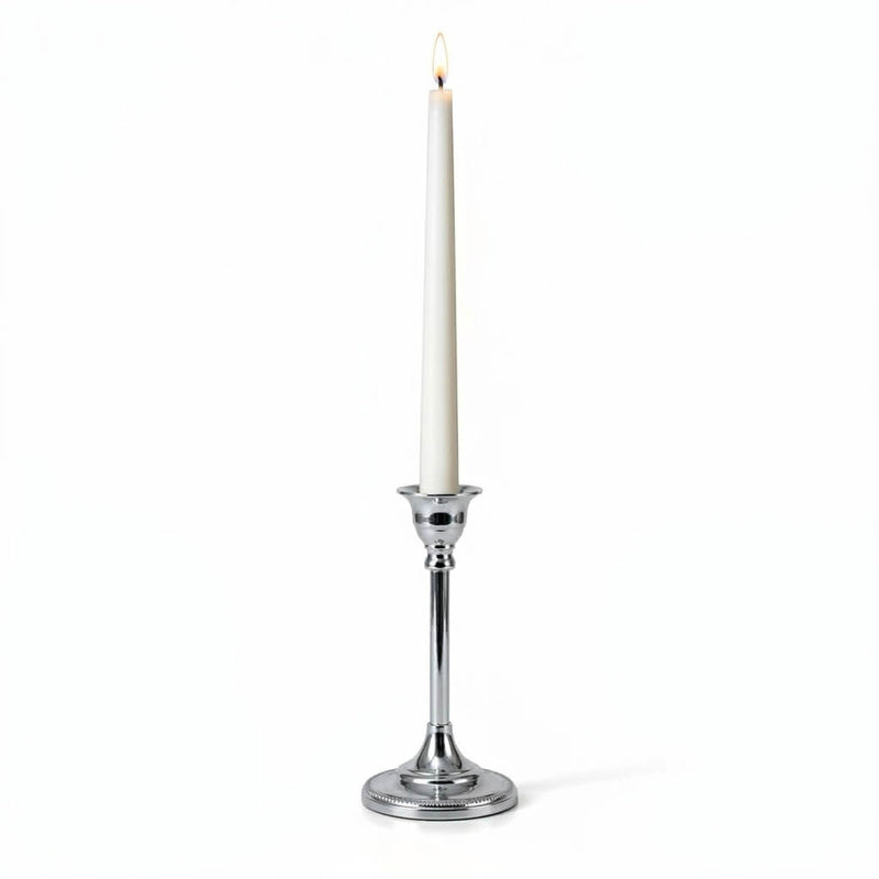 Lit white candle in a 7" Taper Candlestick Silver on a white background - thumbnail number 3