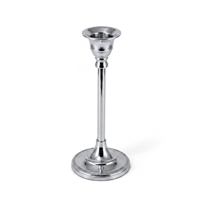 7-inch silver taper candlestick holder with a beaded base on a white background - thumbnail number 1