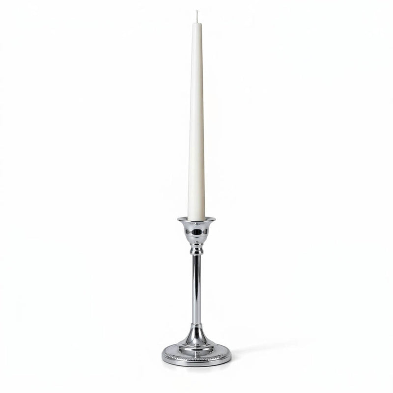 White candle in a 7" Taper Candlestick Silver on a white background - thumbnail number 2
