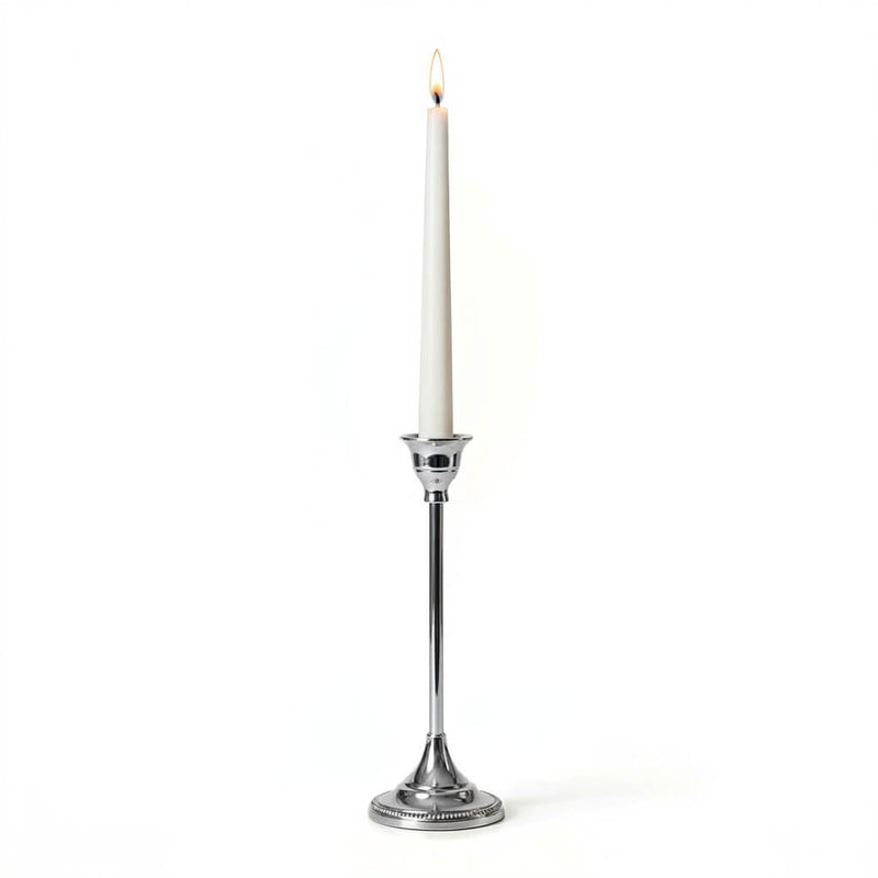 Lit white candle in a Taper Candlestick Silver 9" on a white background - thumbnail number 3