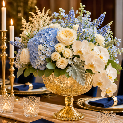 Gold Mercury Glass Compote 4.5" with blue and white florals - thumbnail number 5