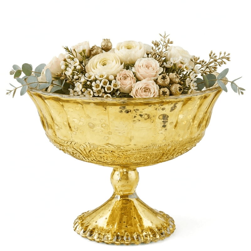 Gold Mercury Glass Compote 7" x 5.25" with a floral bouquet - thumbnail number 2