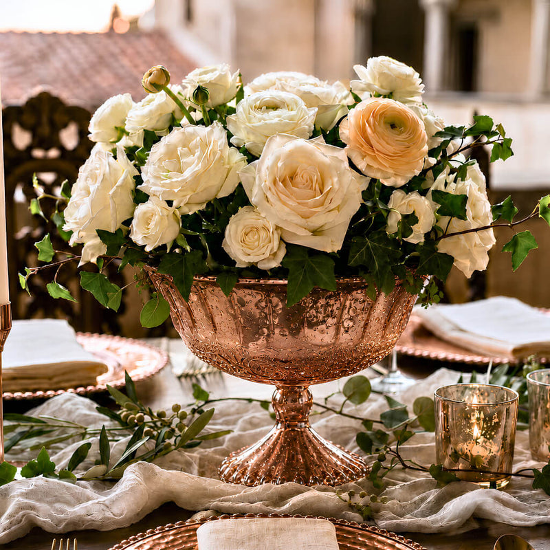 7" x 5.25" Mercury Glass Compote in Rose Gold filled with white roses on a dining table - thumbnail number 5