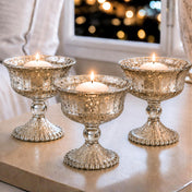 Three 4.75" Silver Mercury Glass Compotes with lit candles on a table - thumbnail number 8