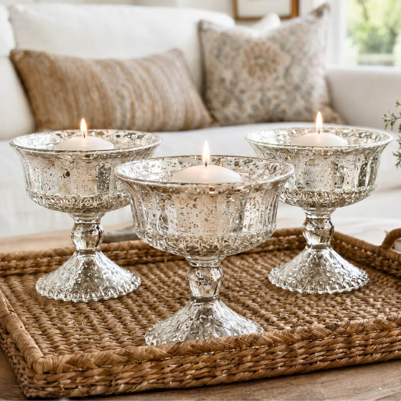Three 4.75" Silver Mercury Glass Compotes with lit candles on a tray - thumbnail number 9