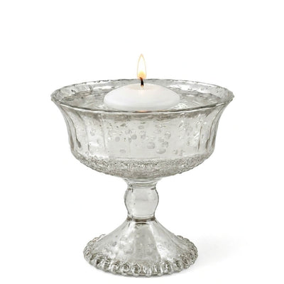 A 4.75" Silver Mercury Glass Compote with a lit floating candle in water - thumbnail number 3