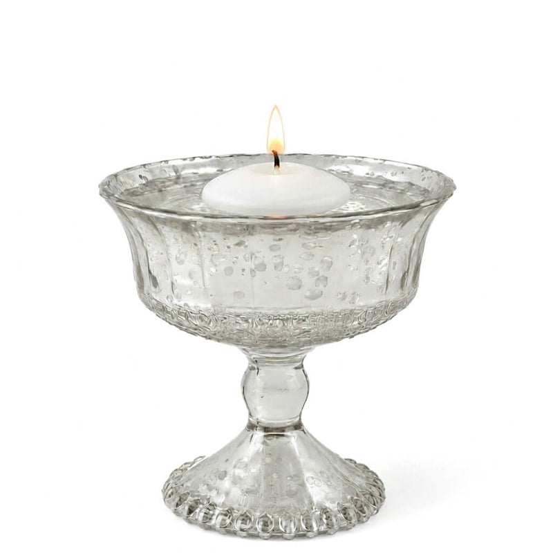 A 4.75" Silver Mercury Glass Compote with a lit floating candle in water - thumbnail number 3