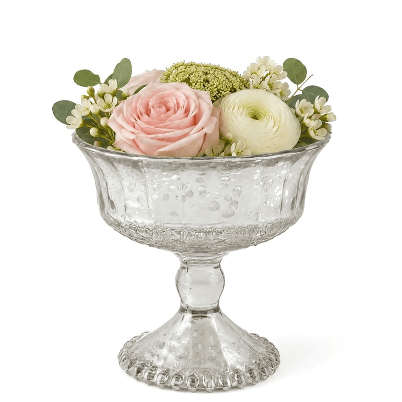 Silver Mercury Glass Compote 4.75" filled with pink and white flowers - thumbnail number 4