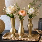 Henna Budvases with roses, baby's breath, and greenery on a woven tray - thumbnail number 7