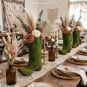 Natural preserved moss cowboy boot topiary pot on a tablescape - thumbnail number 2