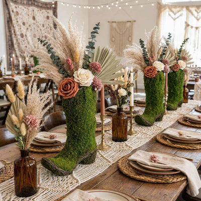 Natural preserved moss cowboy boot topiary pot on a tablescape - thumbnail number 2