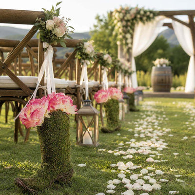 Natural preserved moss cowboy boot topiary pots decorated for a wedding - thumbnail number 3