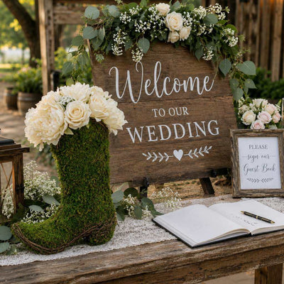 Natural preserved moss cowboy boot topiary pot at a wedding guest book table - thumbnail number 8