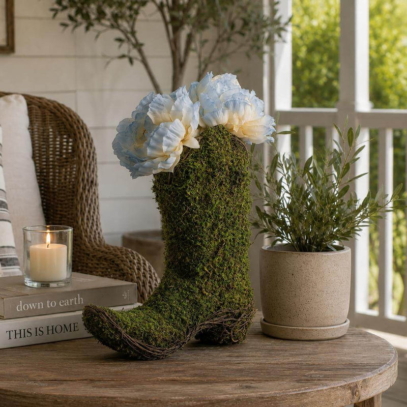 Natural preserved moss cowboy boot topiary pot styled on a wooden table - thumbnail number 6