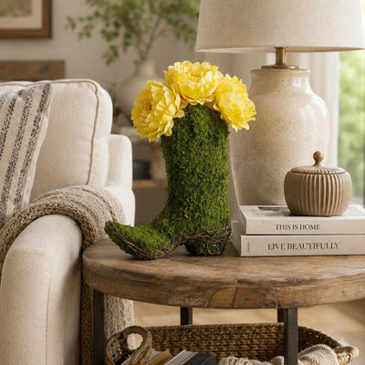 Natural preserved moss cowboy boot topiary pot styled on a side table - thumbnail number 7