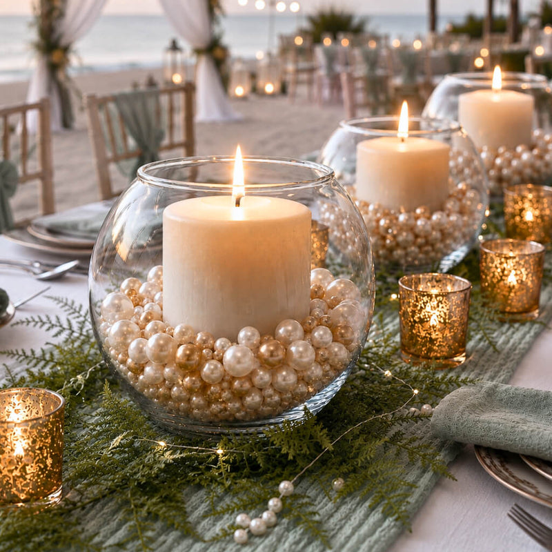 A 5.5" Bubble vase featuring a candle surrounded by ivory and gold pearls on a table - thumbnail number 8