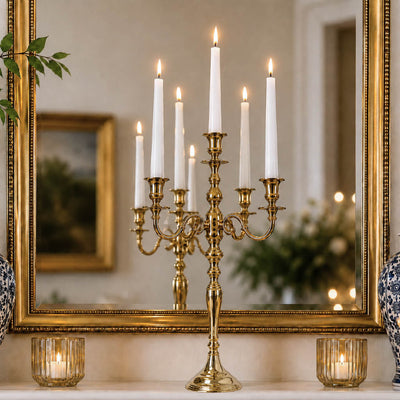 Five lit white taper candles in a 25" Gold Candelabra reflected in a mirror - thumbnail number 7