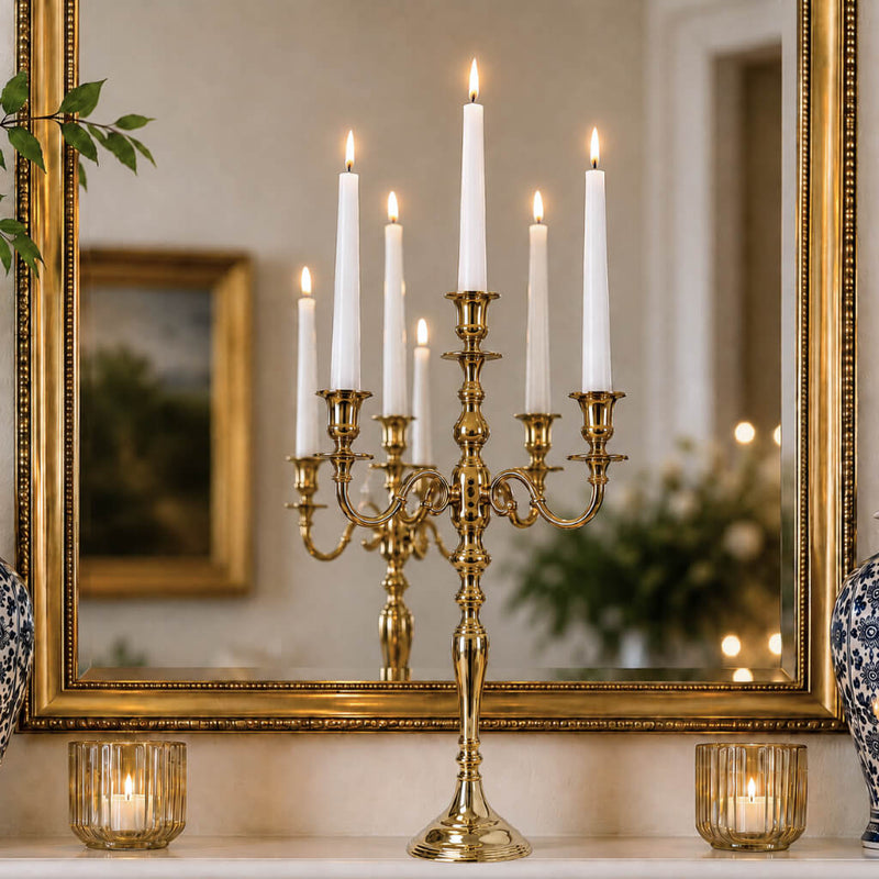 Five lit white taper candles in a 25" Gold Candelabra reflected in a mirror - thumbnail number 7
