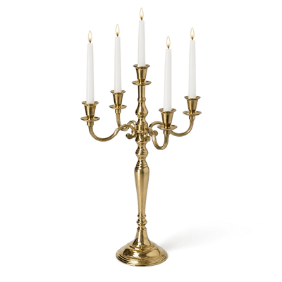 Five lit white taper candles in a 25" Gold Candelabra on a white background - thumbnail number 3