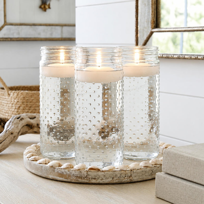 Floating candles in the Hobnail Mason Jar Vase on a coastal tray with seashells - thumbnail number 8