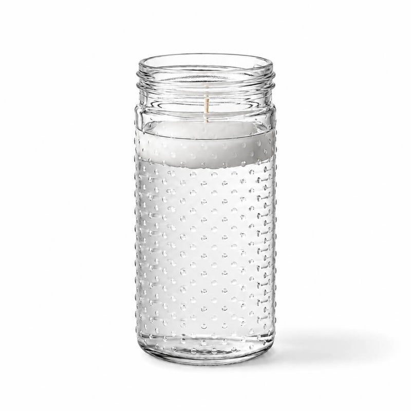 An unlit floating white candle in the Hobnail Mason Jar Vase isolated on a solid white background - thumbnail number 2