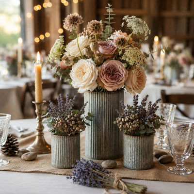 Floral centerpieces in corrugated metal vases on a rustic table with a lit candle - thumbnail number 3
