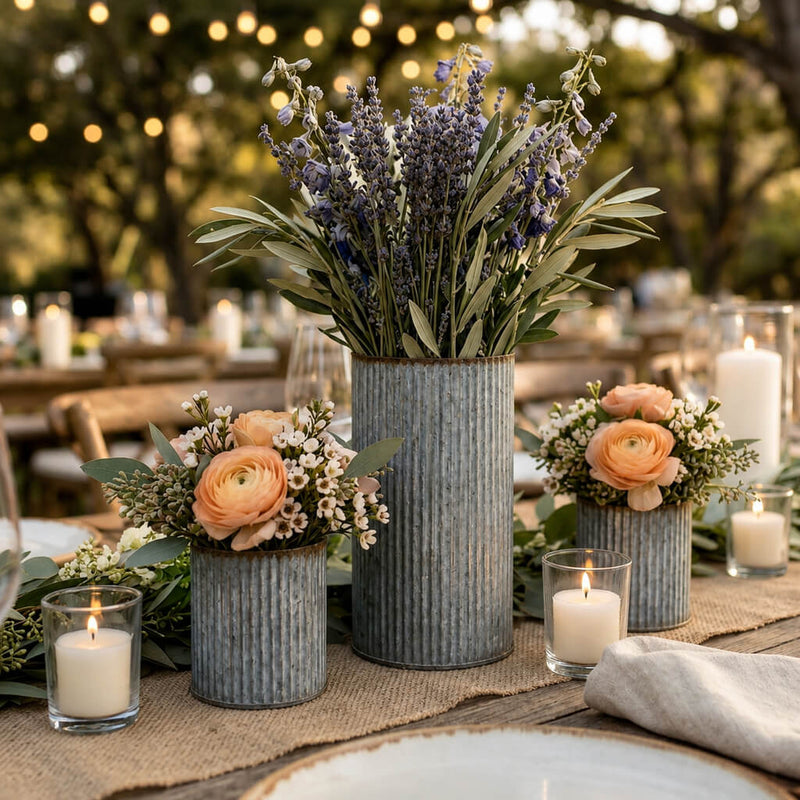 Floral arrangements in corrugated metal vases on a rustic table with lit candles - thumbnail number 5